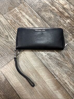 Michael Kors Black Pebbled Leather Wristlet Wallet with Silver Hardware